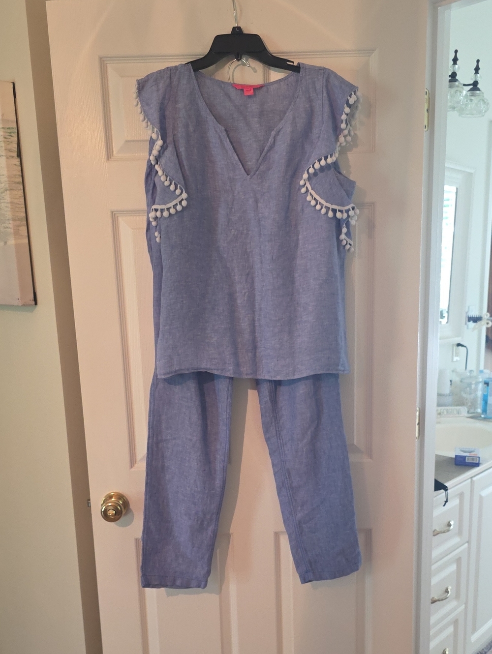 Lilly Pulitzer Light Blue V-Neck Pom-Pom Trim Top And Pants
